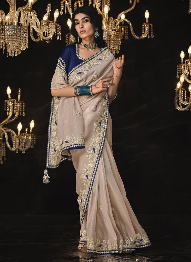 Pure Shimmer Cream Party Wear Embroidery Work Saree